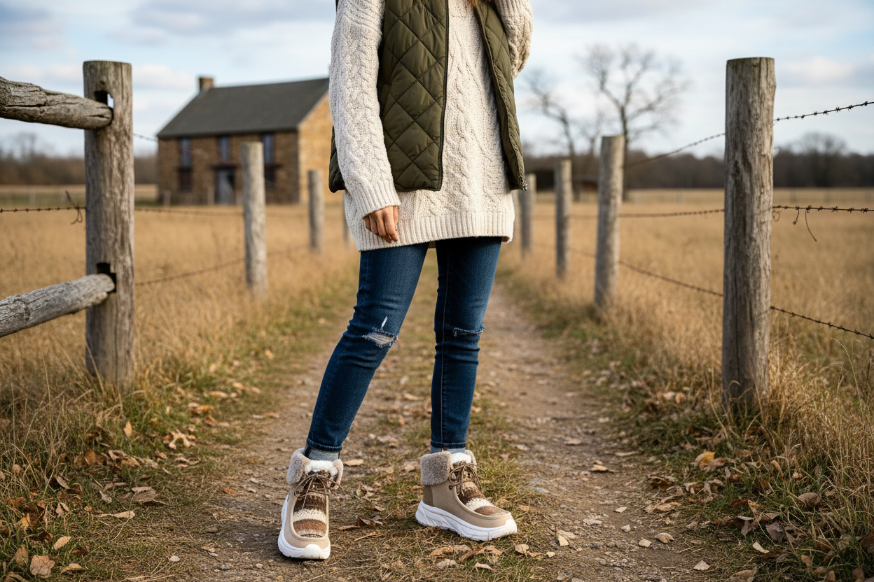 Warm Lined Ankle Boots Wide Faux Fur Cuff Lace-Up Outdoor Winter Shoes