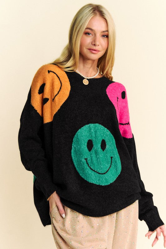 DAVI & DANI Knit Smiley Face Contrast Long Sleeve Oversized Pullover Sweater Top