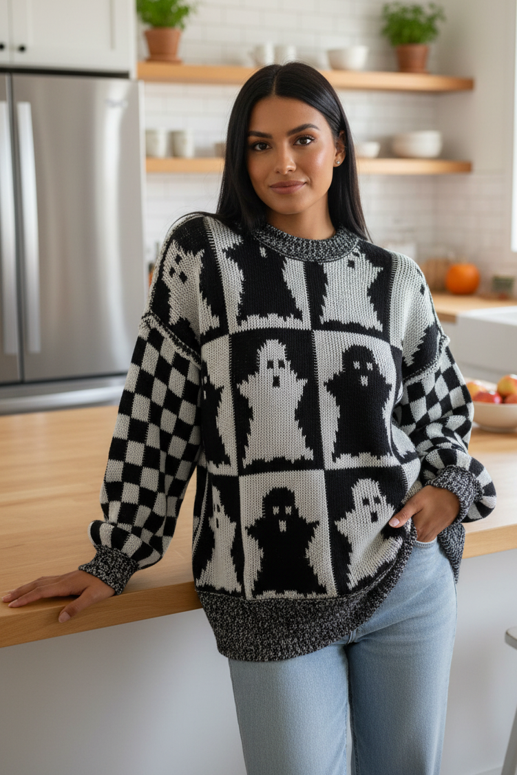 Ghost Checker Exposed Seam Boxy Pullover Oversized Colorblock Halloween Sweater