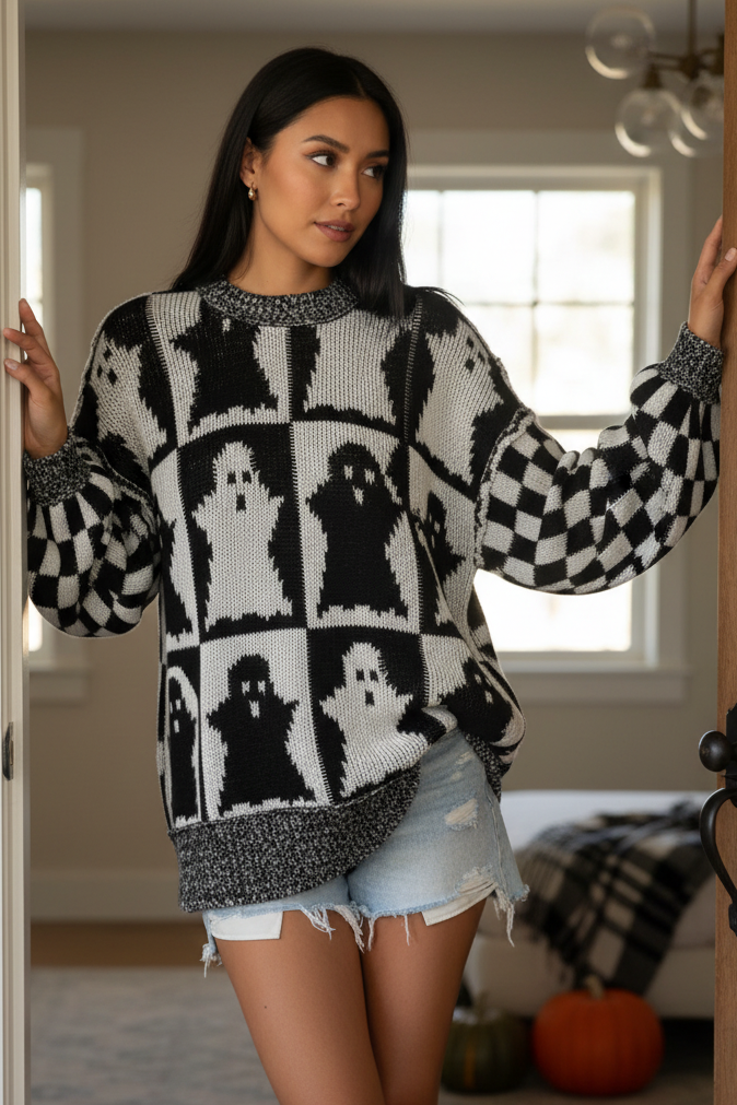 Ghost Checker Exposed Seam Boxy Pullover Oversized Colorblock Halloween Sweater