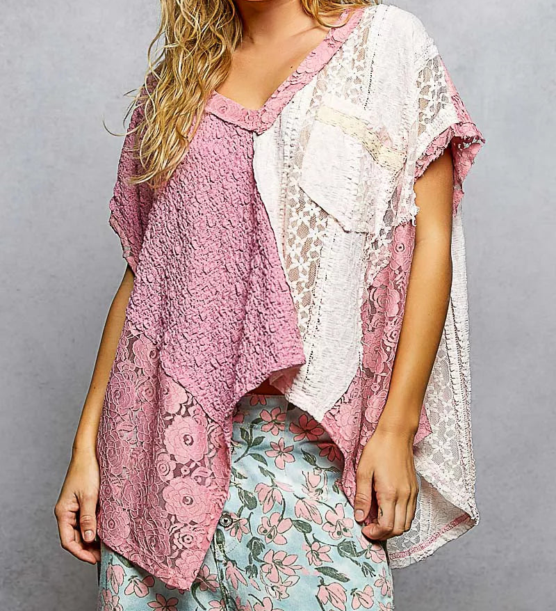 POL Lace Patchwork Asymmetrical Drape Shirt Oversized V-Neck Exposed Seam Top Pink