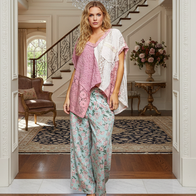 POL Lace Patchwork Asymmetrical Drape Shirt Oversized V-Neck Exposed Seam Top Pink