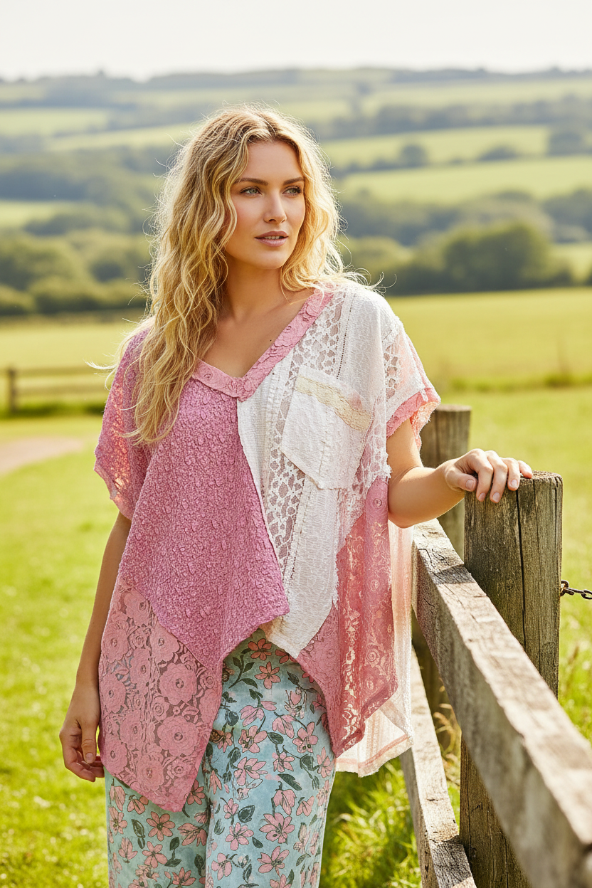 POL Lace Patchwork Asymmetrical Drape Shirt Oversized V-Neck Exposed Seam Top Pink