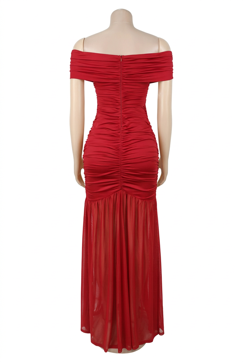 Off Shoulder Ruched Mermaid Chest Cutout Sheer Mesh High Slit Formal Bodycon Maxi Dress