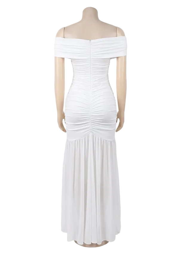 Off Shoulder Ruched Mermaid Chest Cutout Sheer Mesh High Slit Formal Bodycon Maxi Dress