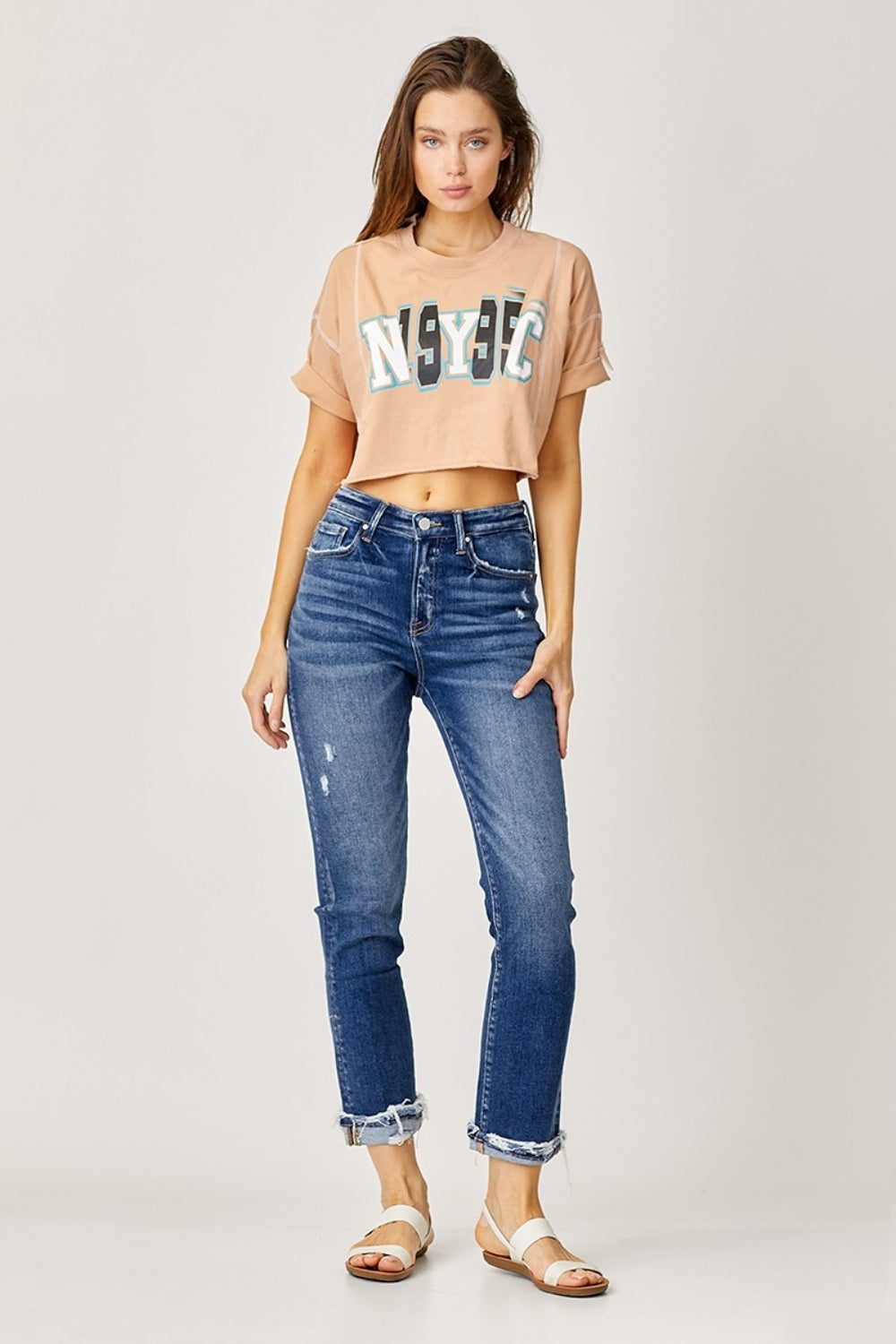 RISEN Retro High-Rise Distressed Mom Jeans Straight Leg Cuffed Raw Denim Pants