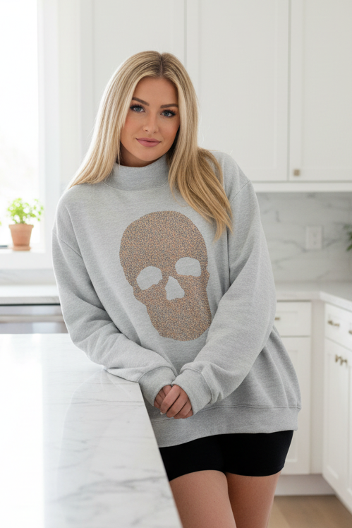 Rhinestone Leopard Skull Mock Neck Baggy Halloween Top Pullover Sweatshirt