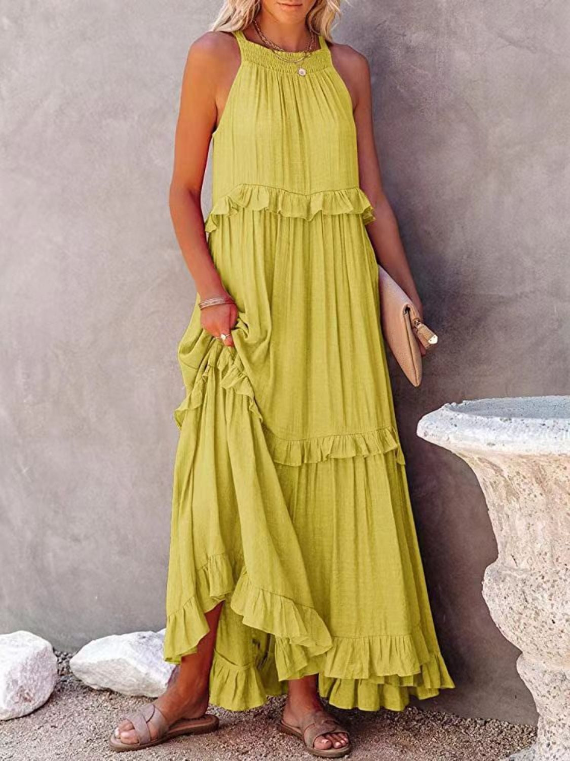 Ruffle Sleeveless Grecian Tie Back Tiered Summer Side Pocket Oversized High-Low Maxi Dress