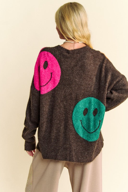 DAVI & DANI Knit Smiley Face Contrast Long Sleeve Oversized Pullover Sweater Top