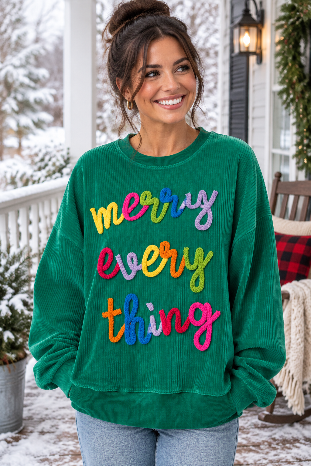 Merry Little Thing Crochet Letter Ribbed Crewneck Sweatshirt Colorful Holiday Pullover