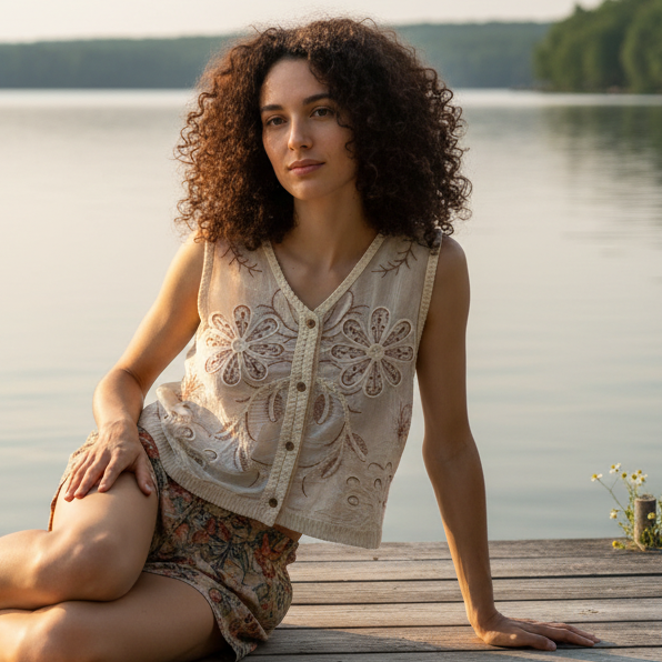 POL Embroidered Floral Granny Crochet Crop Top Wooden Button-Up V-neck Vest Brick Cream