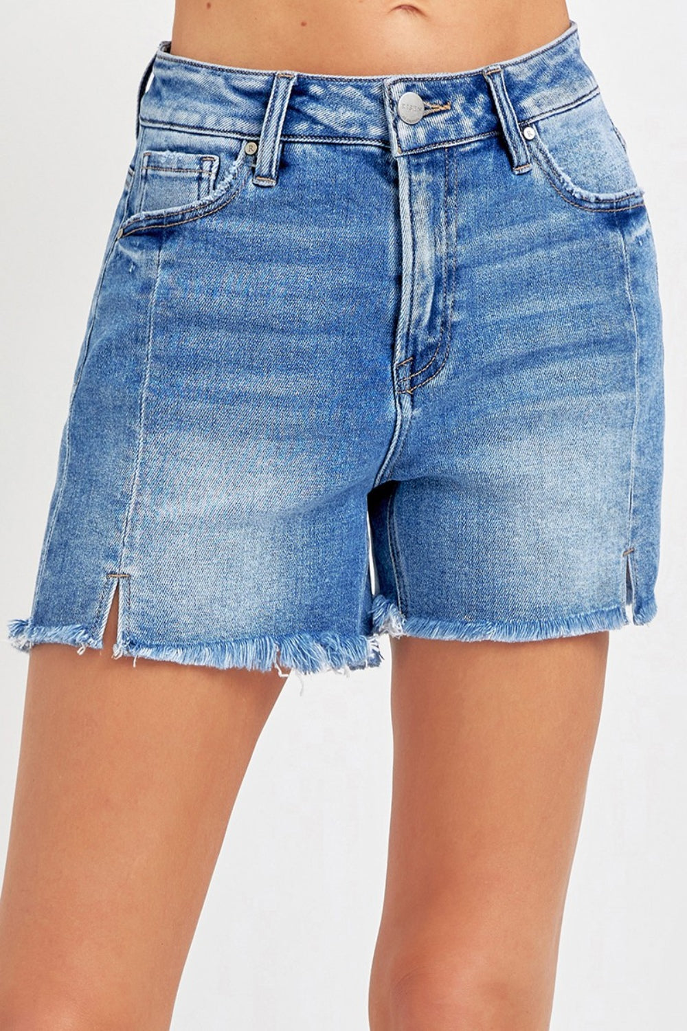 RISEN Mid-Rise Cut-off Retro Frayed Side Slit Relaxed Boyfriend Jean Midi Shorts