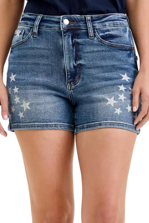 Judy Blue Star Splatter High-Rise Slim Fit Classic 4" Inseam Denim Shorts Americana