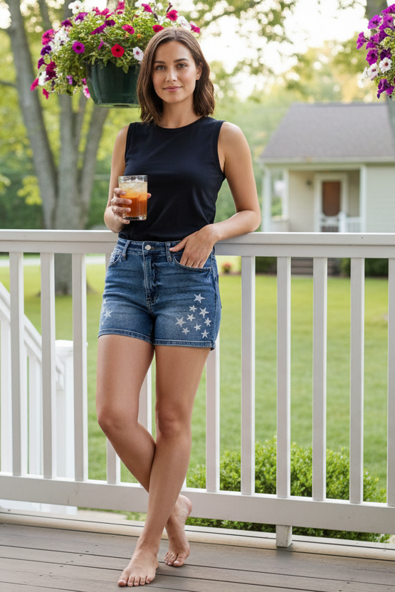 Judy Blue Star Splatter High-Rise Slim Fit Classic 4" Inseam Denim Shorts Americana
