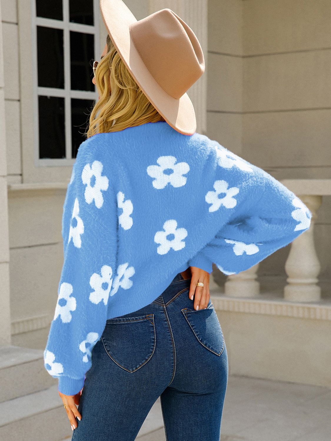 Fuzzy Soft Knit Daisy Flower Print Open Front Color Contrasting Cardigan Sweater