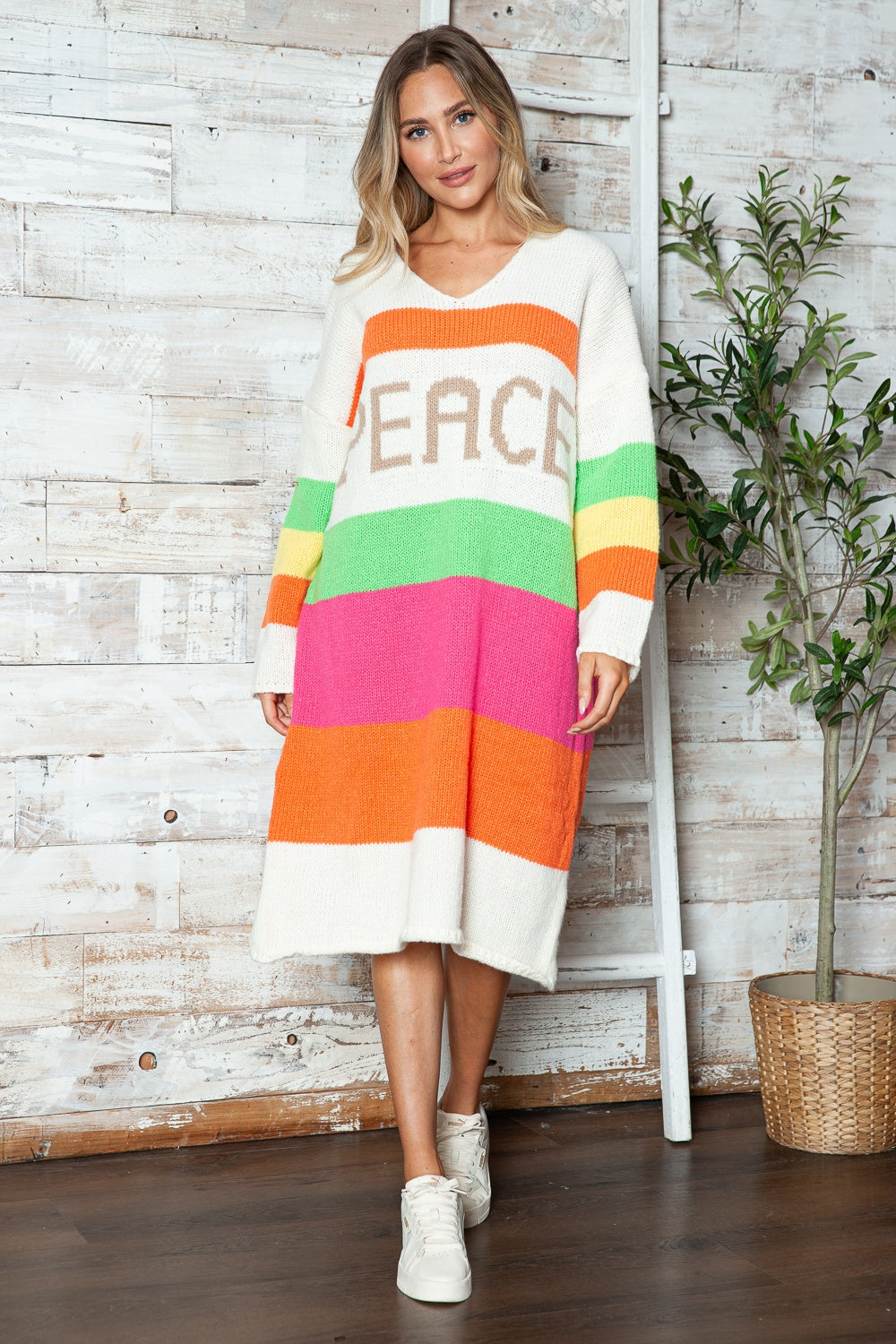 PEACE Oversized Knit Sweater Dress Colorful Contrasting Long Sleeve Knee Midi