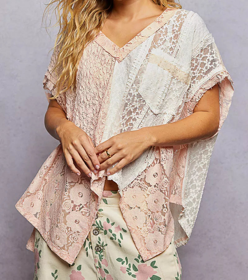 POL Lace Patchwork Asymmetrical Drape Shirt Oversized V-Neck Exposed Seam Top Blush Pink