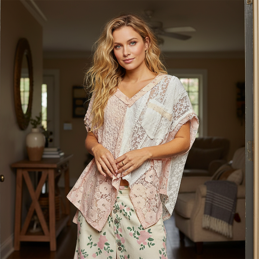 POL Lace Patchwork Asymmetrical Drape Shirt Oversized V-Neck Exposed Seam Top Blush Pink