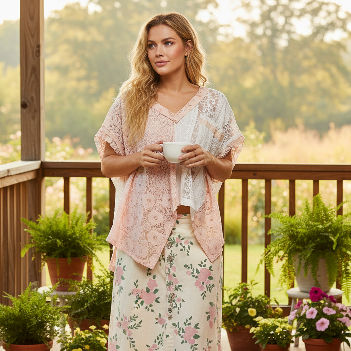 POL Lace Patchwork Asymmetrical Drape Shirt Oversized V-Neck Exposed Seam Top Blush Pink