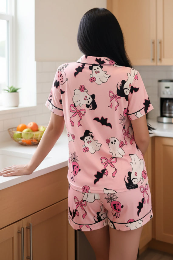 Ghost Button-Down Chest Pocket Top and Shorts Halloween Lounge Set Matching Pajamas