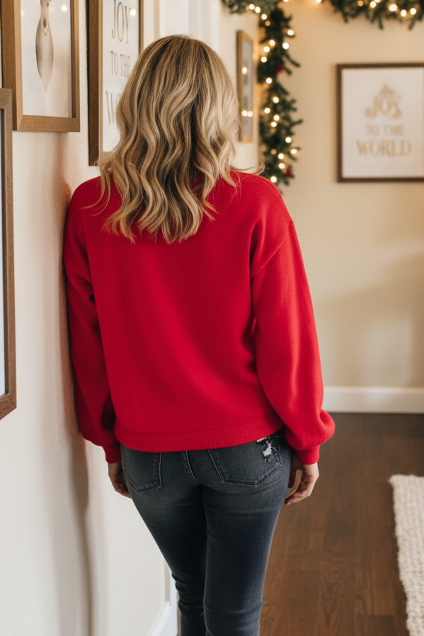 Pearl Embellished Merry Crewneck Festive Long Sleeve Christmas Pullover Holiday Sweater