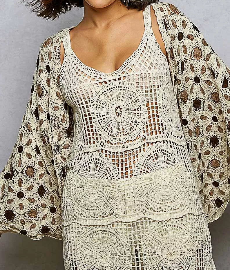 POL Floral Crochet Batwing Sleeve Cardigan Open Front Granny Openwork Knit Grey