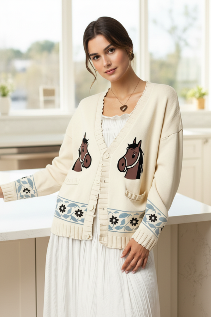 Equestrian Horse Retro Floral V-Neck Button Front Distressed Trim Knit Cardigan