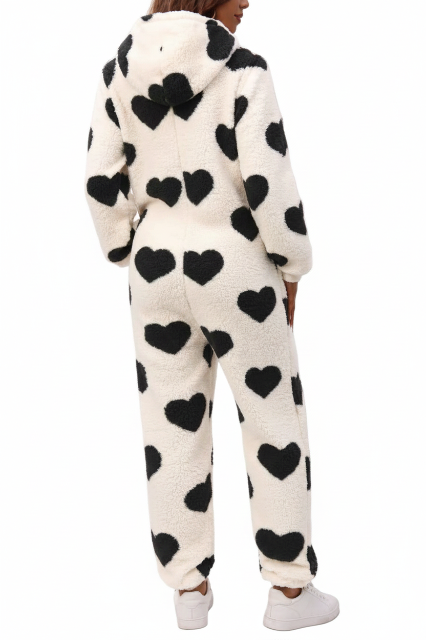 Fuzzy Sherpa Heart Hooded Zip-Up Teddy Sherpa One-Piece Loungewear Jumpsuit