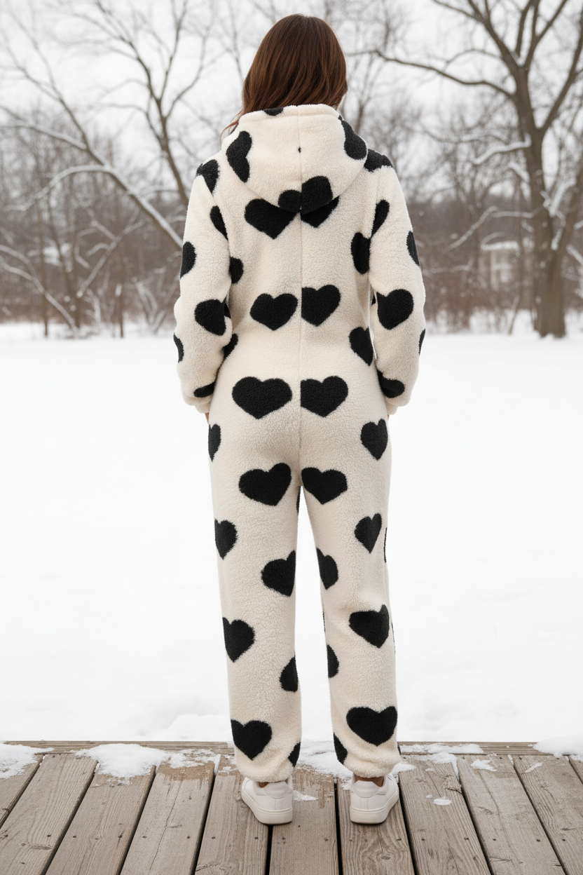 Fuzzy Sherpa Heart Hooded Zip-Up Teddy Sherpa One-Piece Loungewear Jumpsuit