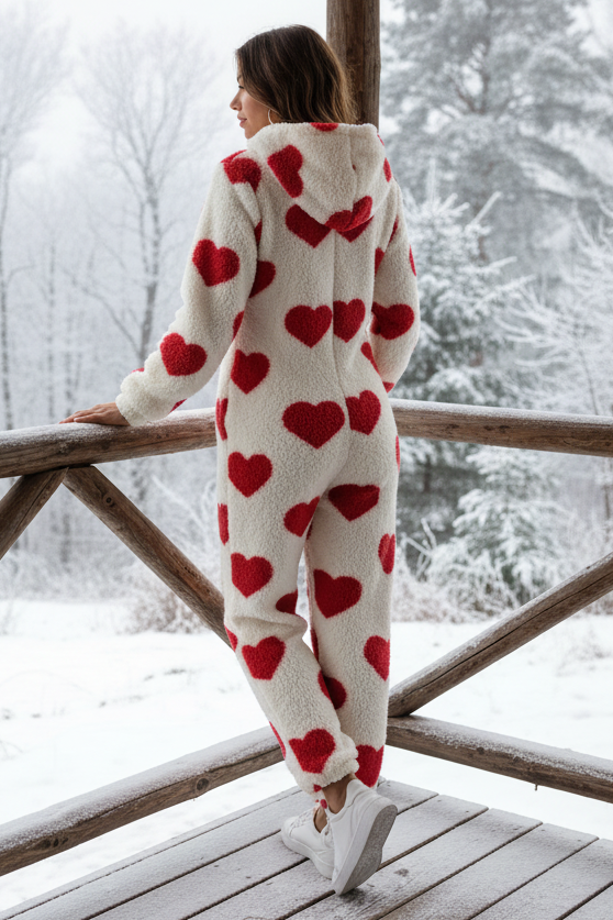Fuzzy Sherpa Heart Hooded Zip-Up Teddy Sherpa One-Piece Loungewear Jumpsuit