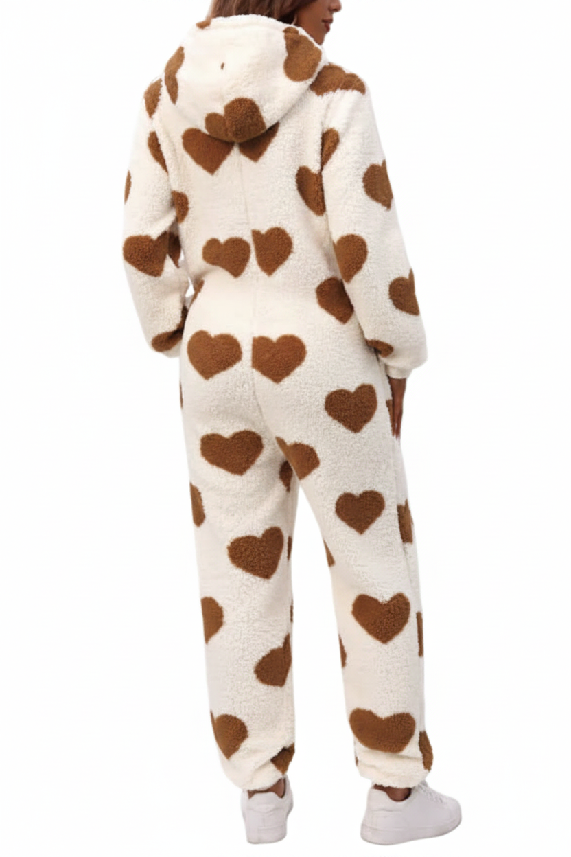 Fuzzy Sherpa Heart Hooded Zip-Up Teddy Sherpa One-Piece Loungewear Jumpsuit