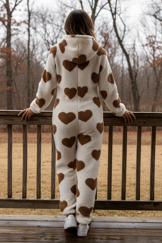 Fuzzy Sherpa Heart Hooded Zip-Up Teddy Sherpa One-Piece Loungewear Jumpsuit