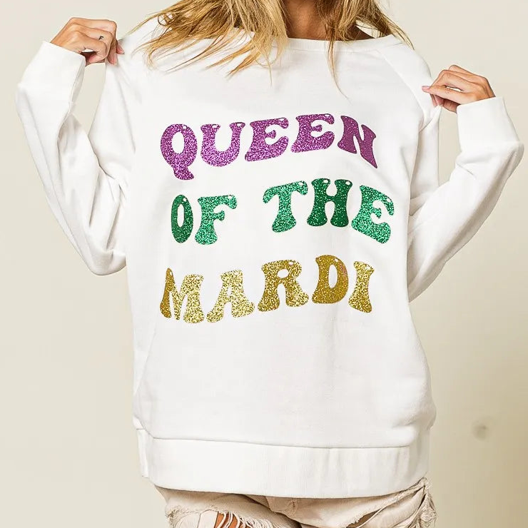 BiBi Sparkling Glitter Queen Of Mardi Cotton Sweatshirt Mardi Gras Pullover Top Off-white