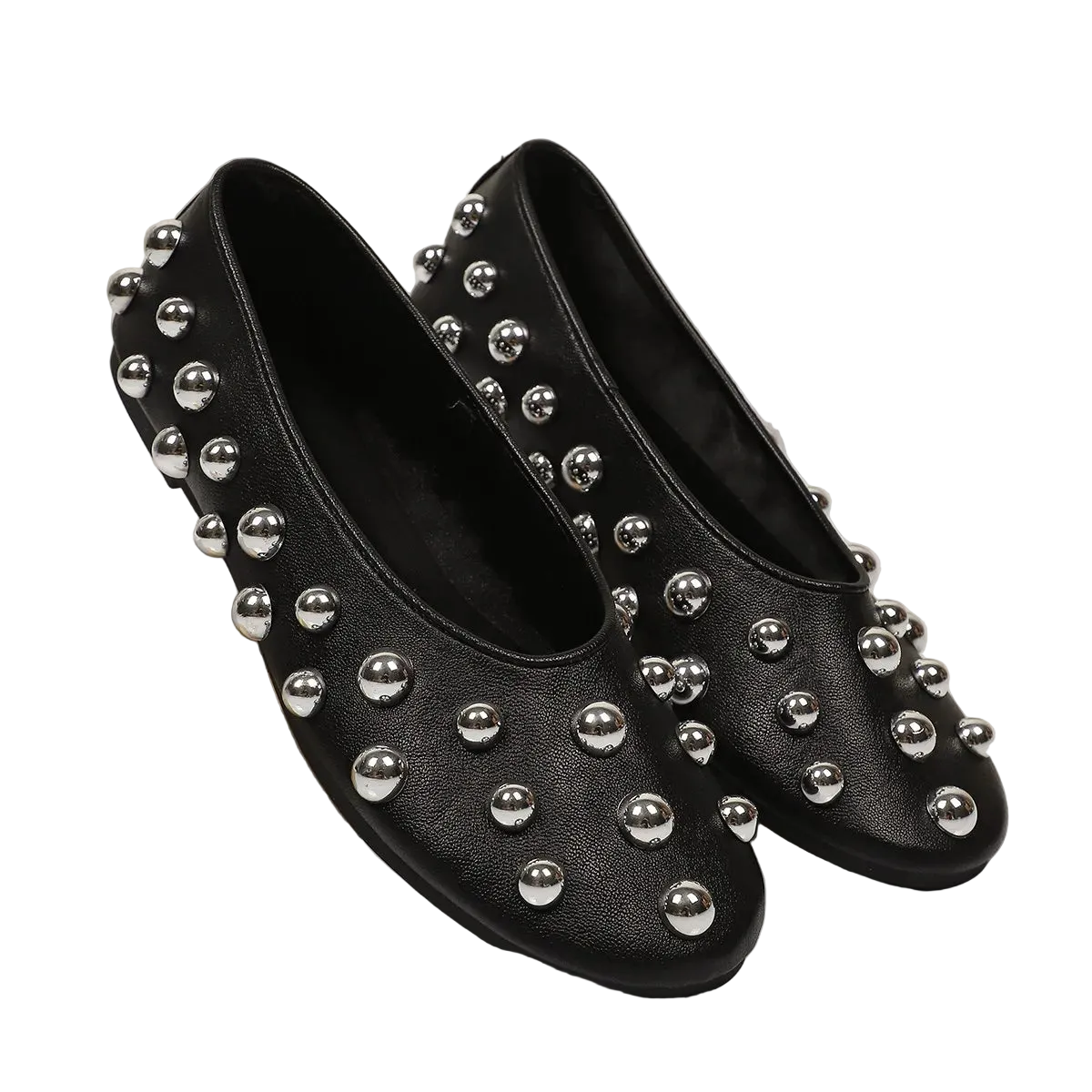 Silver Dome Studded Faux Leather Sleek Round Toe Ballet Flats Casual Slip-On Shoes