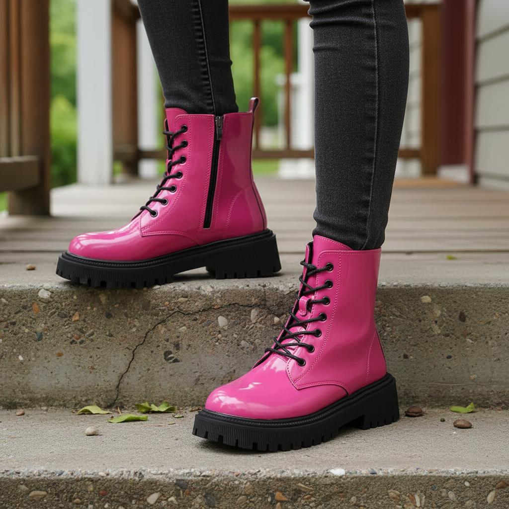 Bright Platform Chunky Lug Combat Boots Vegan Patent Leather Lace-Up K-pop Shoes