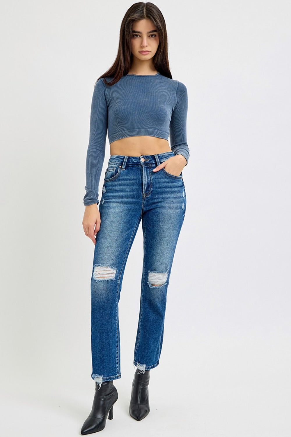 RISEN Distressed High-Rise Waist Slim Fit Jeans Ripped Cropped Denim Pants