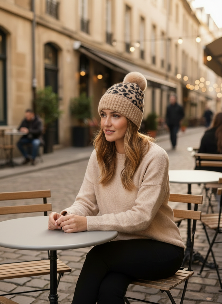 Fuzzy Eyelash Knit Leopard Faux Rabbit Fur Pom-Pom Beanie Winter Skullcap Pull-on Hat Adult