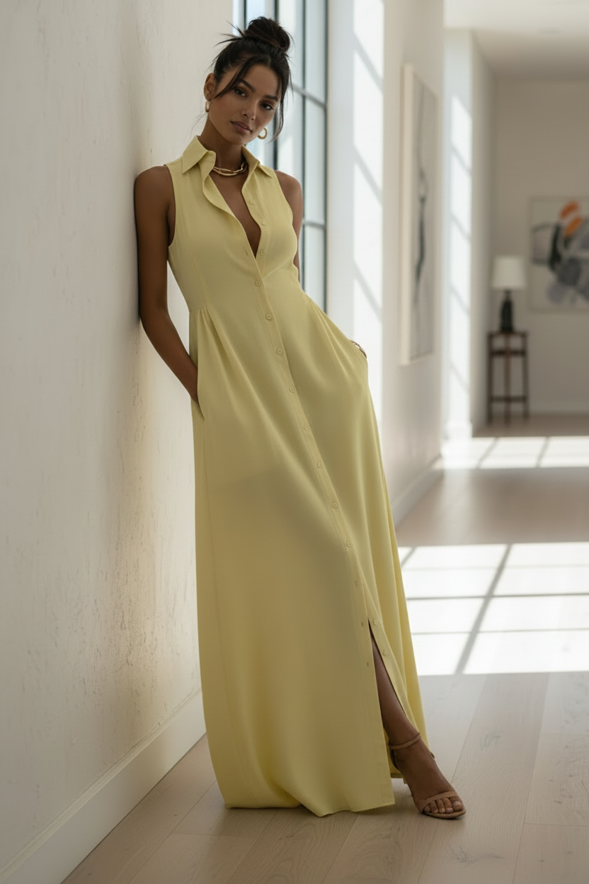 Collared Maxi Shirt Dress Sleeveless Button-Down Side Slit Pocket