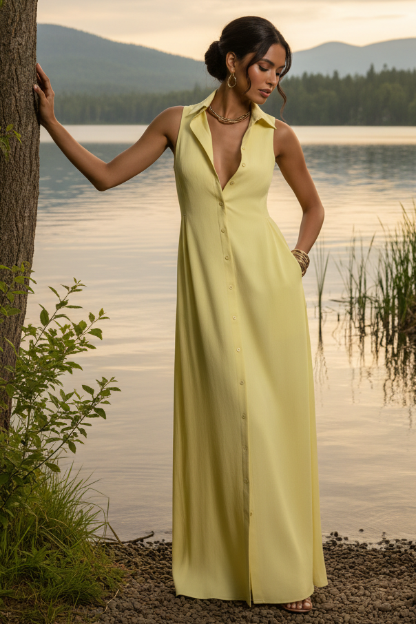 Collared Maxi Shirt Dress Sleeveless Button-Down Side Slit Pocket