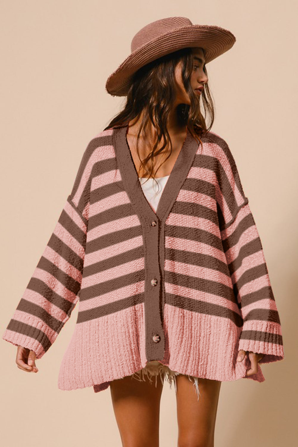 BiBi Oversized Knit Cardigan Slit Side Long Sleeve Stripe Soft Button-Up Sweater