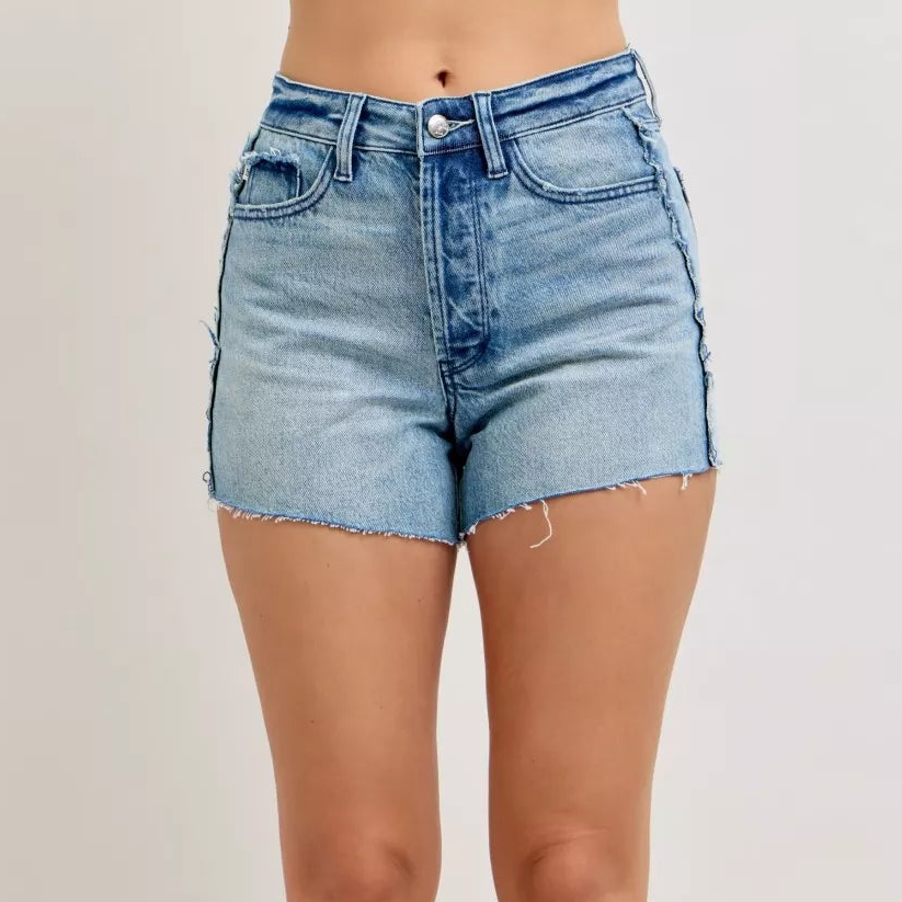 Judy Blue High-Rise Rigid Magic Waist Cut-Off Denim Shorts Distressed Raw Side Seam
