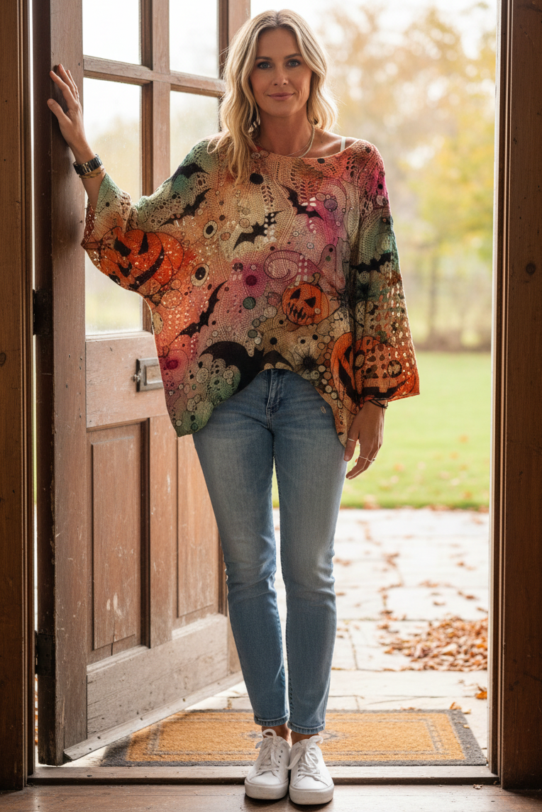 Crochet Openwork Halloween Pumpkin Jack-O-Lantern Colorful Knit Oversized Sweater