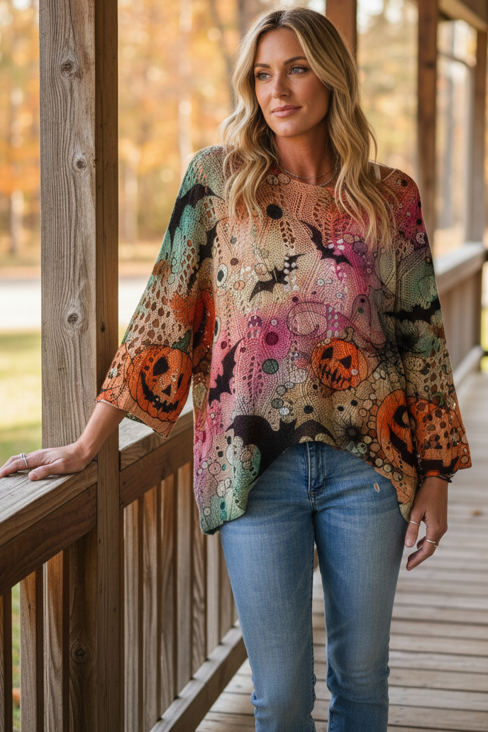 Crochet Openwork Halloween Pumpkin Jack-O-Lantern Colorful Knit Oversized Sweater
