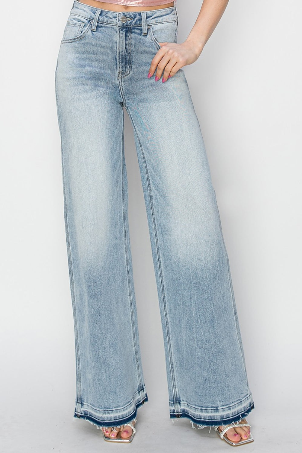 RISEN High-Rise Wide Leg Pants Distressed Contrasting Hem Boyfriend Jeans Denim