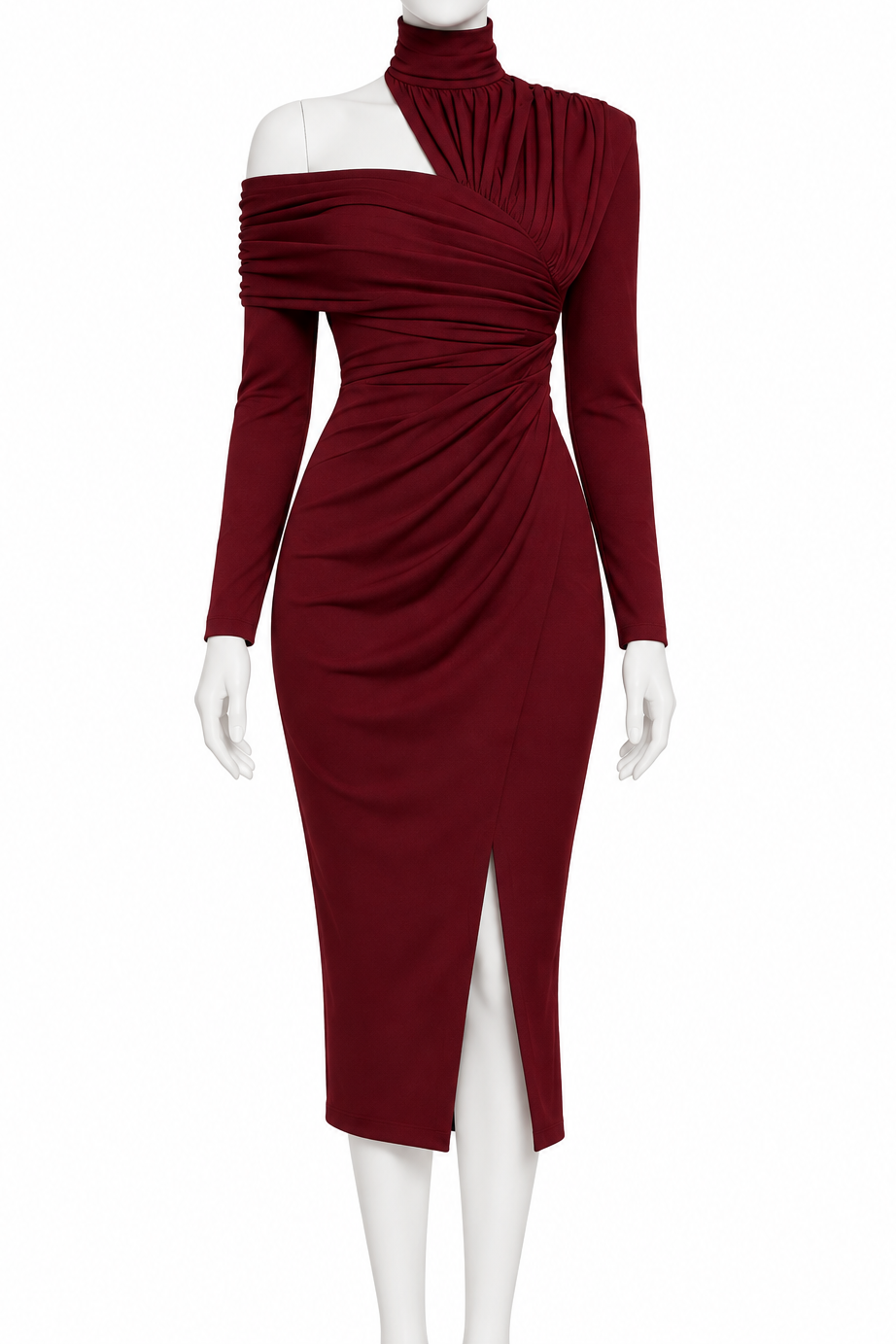 Asymmetrical One Shoulder Mock Neck Ruched Bodycon Midi Dress High Front Slit