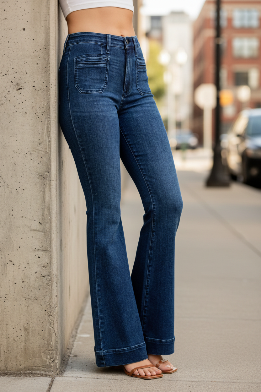 Judy Blue High-Waist Jeans Slim Fit Flare Leg Retro 70s Patch Pocket Denim Pants