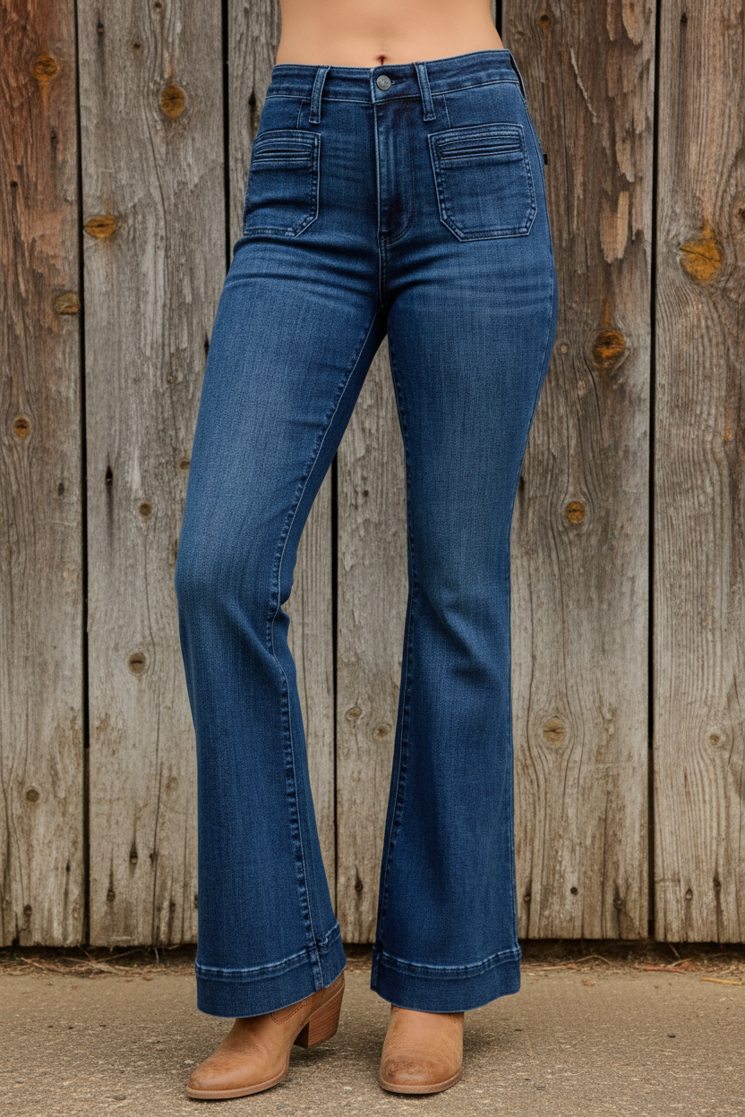 Judy Blue High-Waist Jeans Slim Fit Flare Leg Retro 70s Patch Pocket Denim Pants