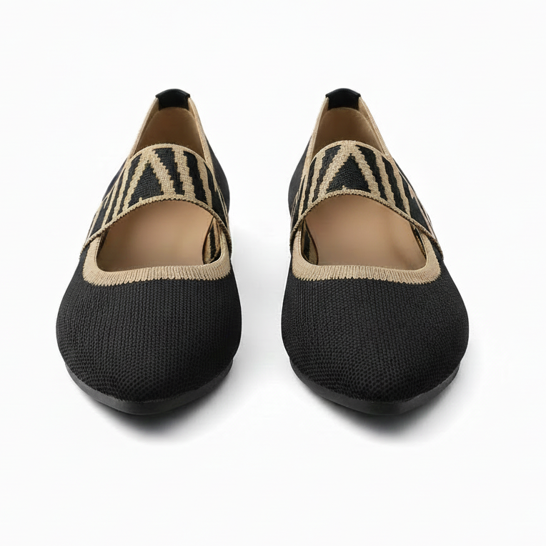 Contrasting Knit Pointed Toe Mary Jane Wide Strap Ballet Flats Slip-On Geometric Shoes