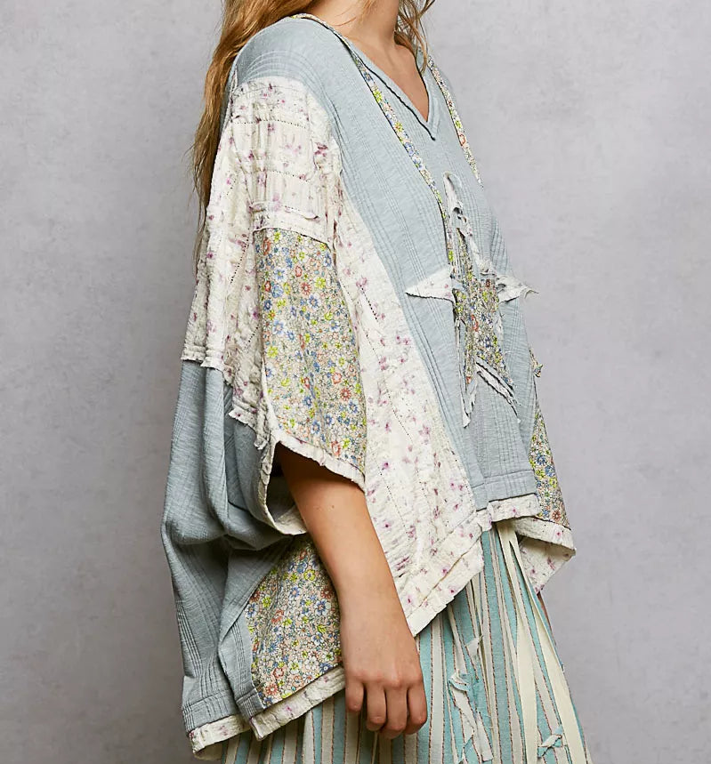 POL Star Oversized Floral Lace Patchwork Hoodie Blouse Raw Seam Retro Boxy Top Blue