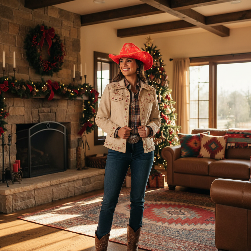 Fuzzy Metallic Snowflakes Cowboy Hat Western Winter Holiday Festive Cowgirl